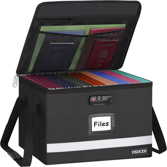 File Box with Lock - Portable File Organizer Box with Handle, Sturdy Important Document Organizer with Label, Slide, Reflective Strip for Hanging Letter/Legal Folder