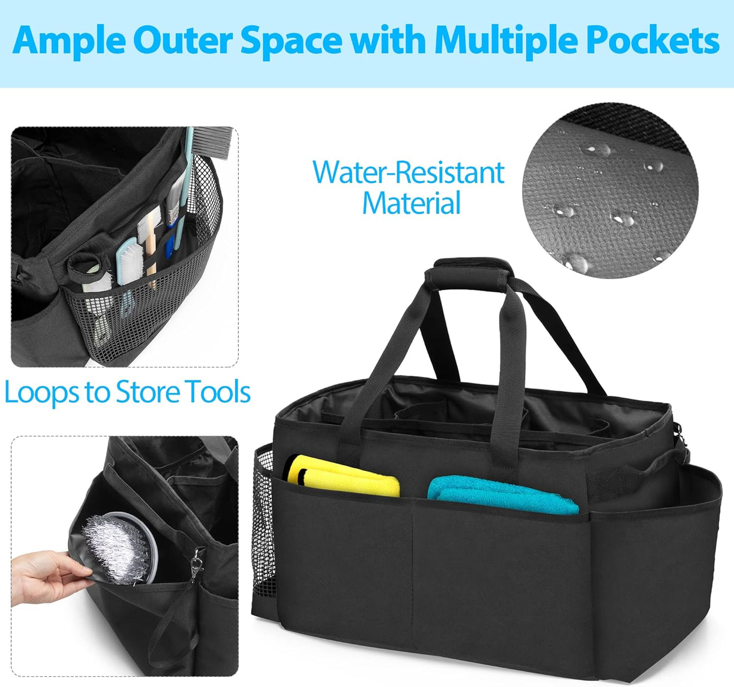 Extra-Large Cleaning Caddy, Organizer with Handles for Cleaning Tools & Products Storage, Large Capacity Tote Bag for Car, Home & Housekeeping Work, Black