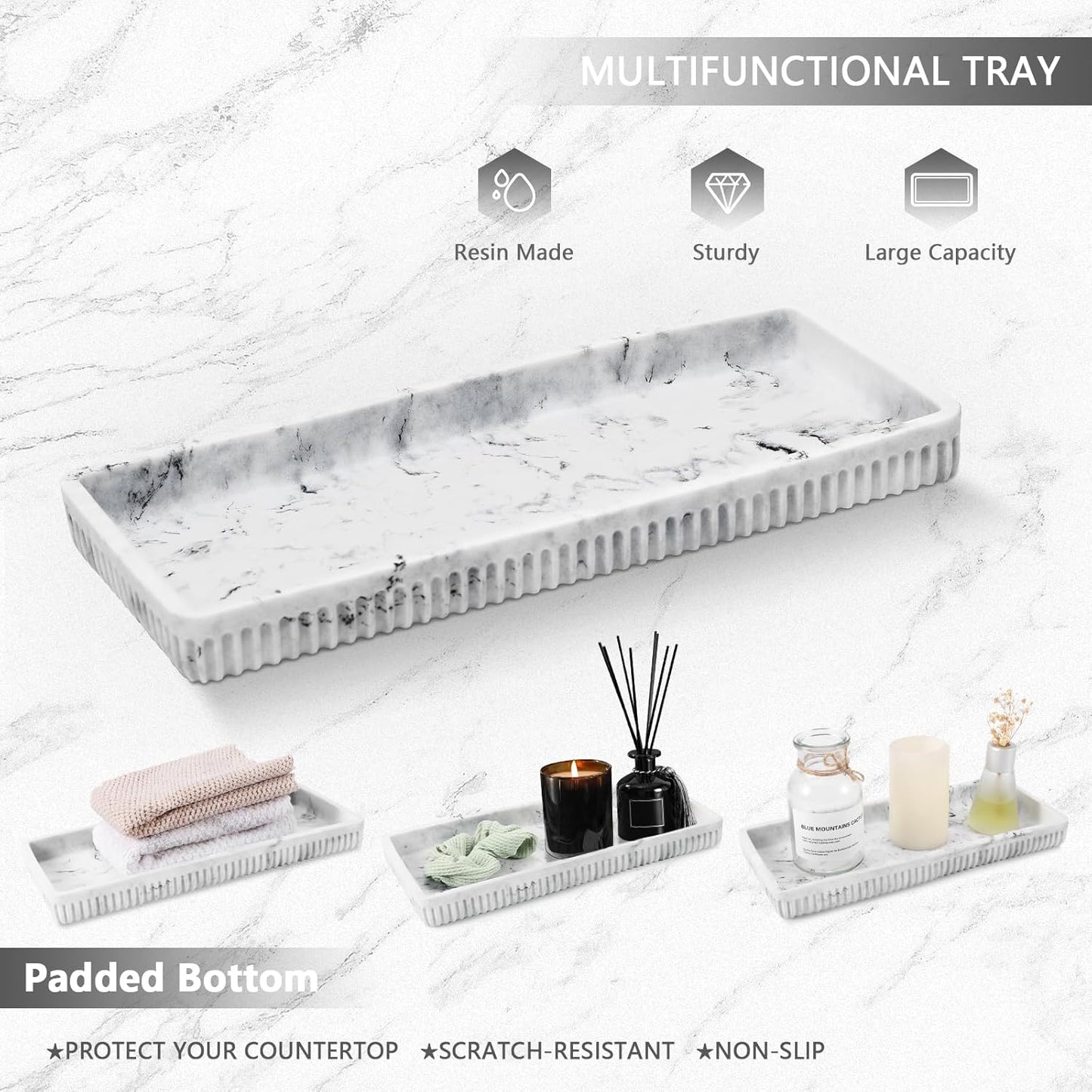 Resin White Marble Bathroom Accessories Set 5 Pcs, Lotion Soap Dispenser, Toothbrush Holder, Bathroom Tumbler, Qtip Holder and Vanity Tray, Bathroom Countertop Organizer Set for Home Apartment