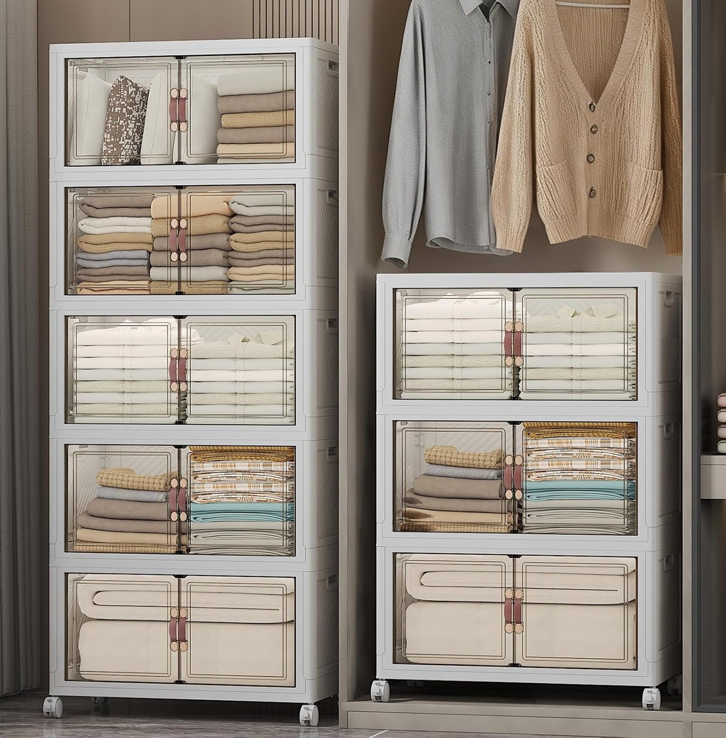 Extra Large Stackable Storage Bins with Lids & Wheels & Door, 896QT-112QT/28GAL*8Pack Foldable Collapsible Closet Organizers, Plastic containers drawers for bedroom Dorm