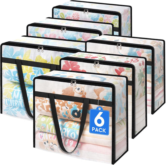 6 Pack Clear Storage Bags for Comforter, Clothes & Bedding, Plastic Blanket Storage with Zipper and Handle, Moving Bags, Closet Organizer and Under-Bed Storage (60L)