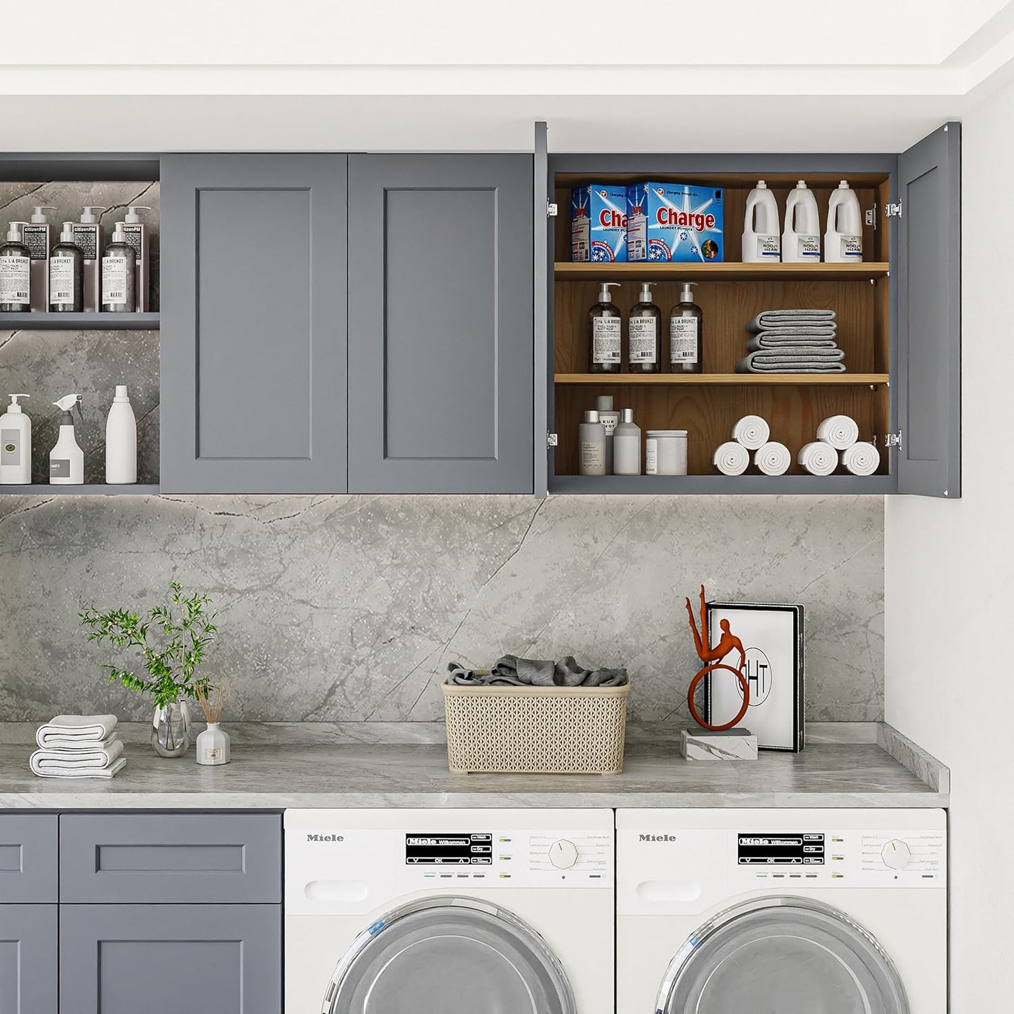 33 Inch Laundry Room Cabinets Wall Mounted, Solid Wood Over The Toilet Storage Cabinet, Bathroom Organizer Cabinets with 2 Door & Shelves, Easy to Assemble for Kitchen, Garage - Dark Gray