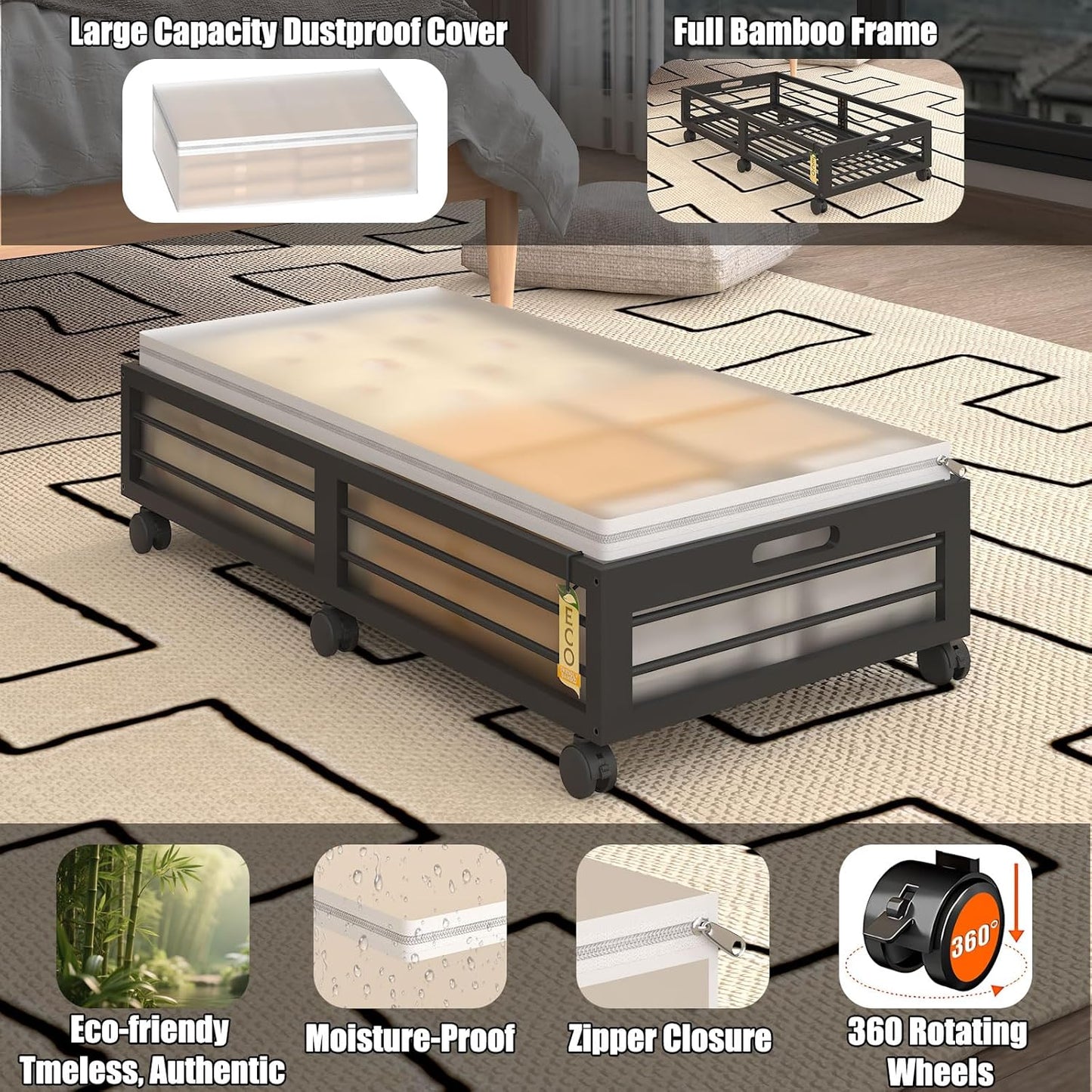 Under Bed Storage Containers with Wheels, Larger Bamboo Wood Under Furniture Storage Containers with Dust Bags，Rolling for Shoes Clothes