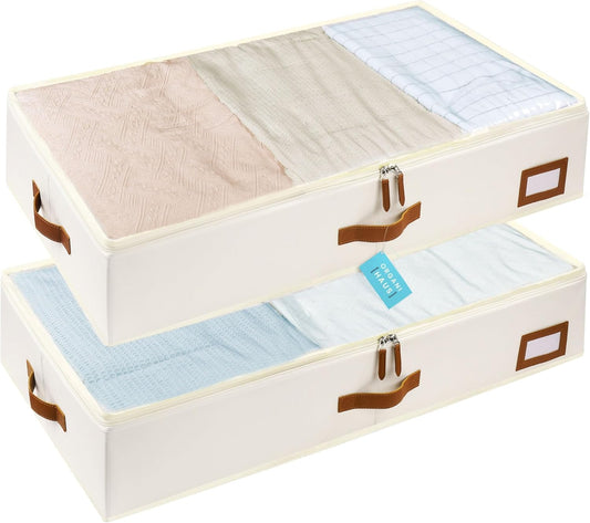 OrganiHaus Under Bed Storage Containers, Bedroom Storage and Organization Bins, Clothes Organizer for Closet with Clear Cover and Reinforced Handles - Set of 2 33x17x6 inches Off-White