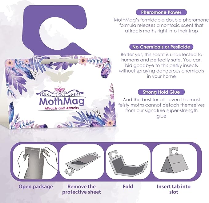 MothMag Clothes & Closet Moth Trap – Pheromone Lure for Fabrics, Carpets, Wardrobes – Mothballs Alternative, Indoor Insect Control