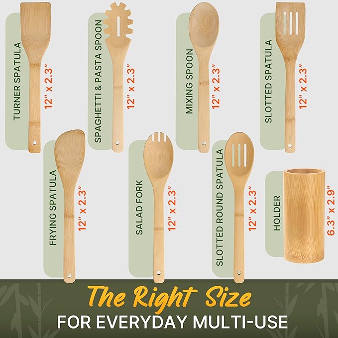 Bamboo Utensils 7 PCs with Holder – Bamboo Cooking Utensils Set + Holder for Nonstick – Wooden Spoon Sets for Cooking – Easy to Clean, Sturdy, Lightweight & Heat Resistant