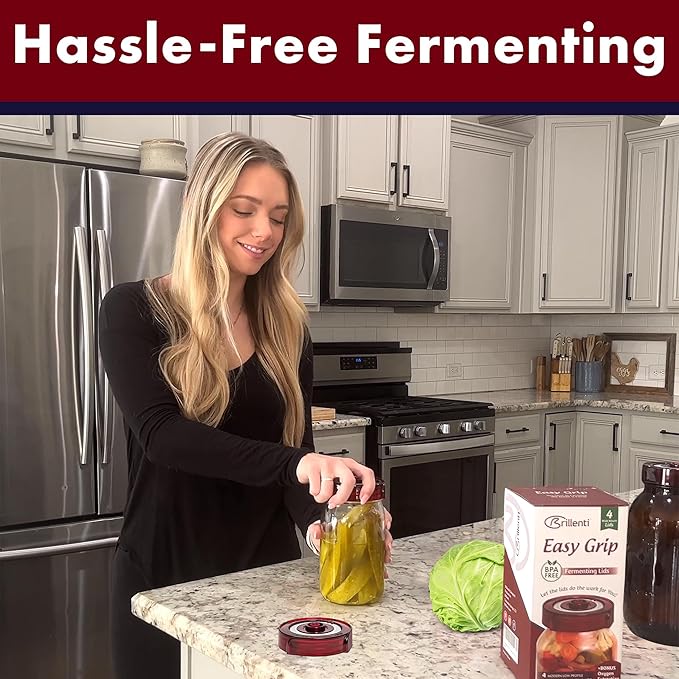 Mason Jar Fermentation Kit - Food Grade Fermenting Lids for Wide Mouth Mason Jars, includes Easy Grip Fermenter Lids 4-Pack, Weights and Pump - a Great Starter Sauerkraut Fermenting Kit, Brillenti
