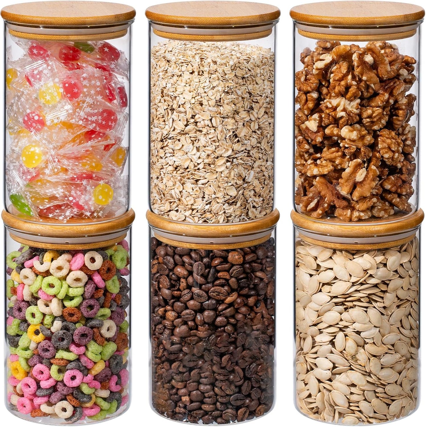 32oz 6PCS Round Airtight Glass Food Storage Jars, Clear Glass Food Storage Container with Bamboo Lid, Stackable Spice Jar, Kitchen Canister for Sugar, Tea, Coffee bean, Pasta, Oat, Spice