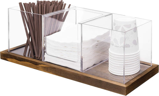 MyGift Modern Modular Coffee and Tea Station Organizer with 3 Removable Premium Clear Acrylic Compartments and Rustic Burnt Solid Wood Decorative Tray, 4 Piece Set