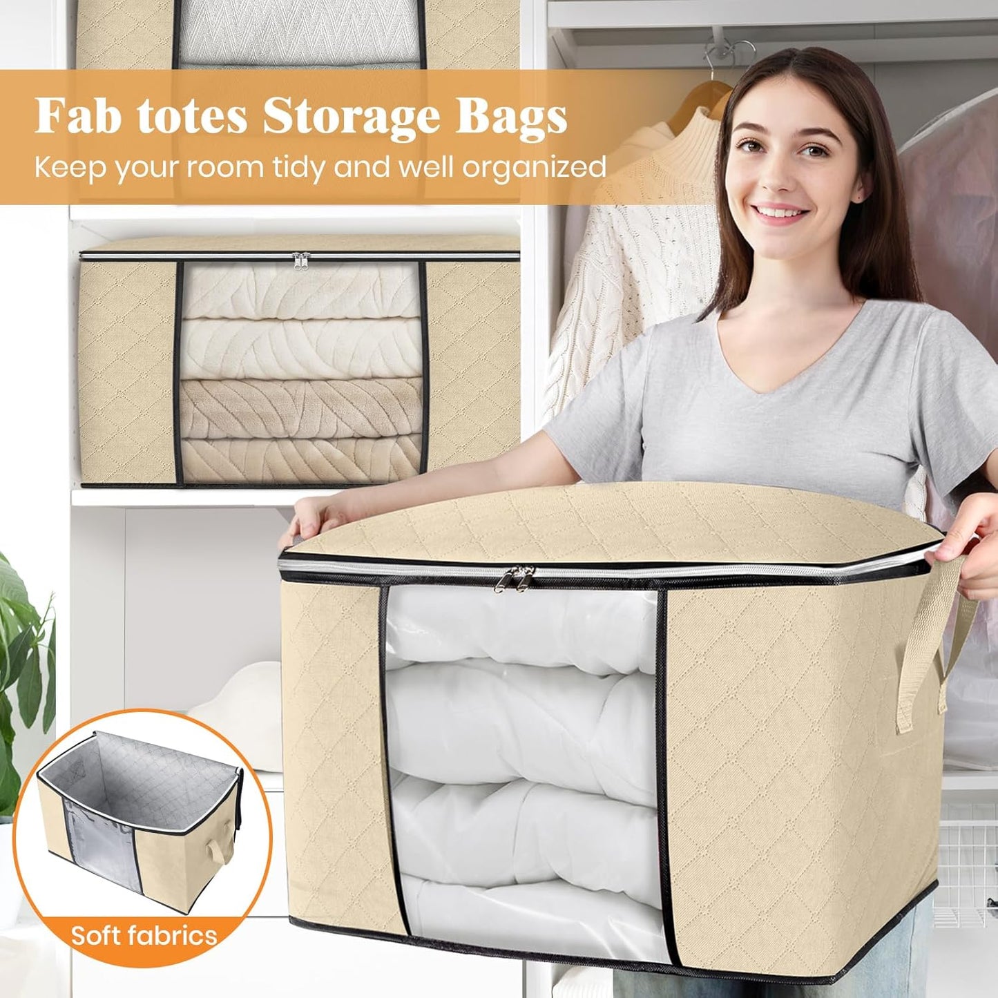 Fab totes 24 Gallons Clothes Storage, Foldable Thick Fabric Blanket Storage Bags, Containers for Organizing Bedroom, Closet, Clothing, Comforter, Organization with Handle (10 Pack,Beige)
