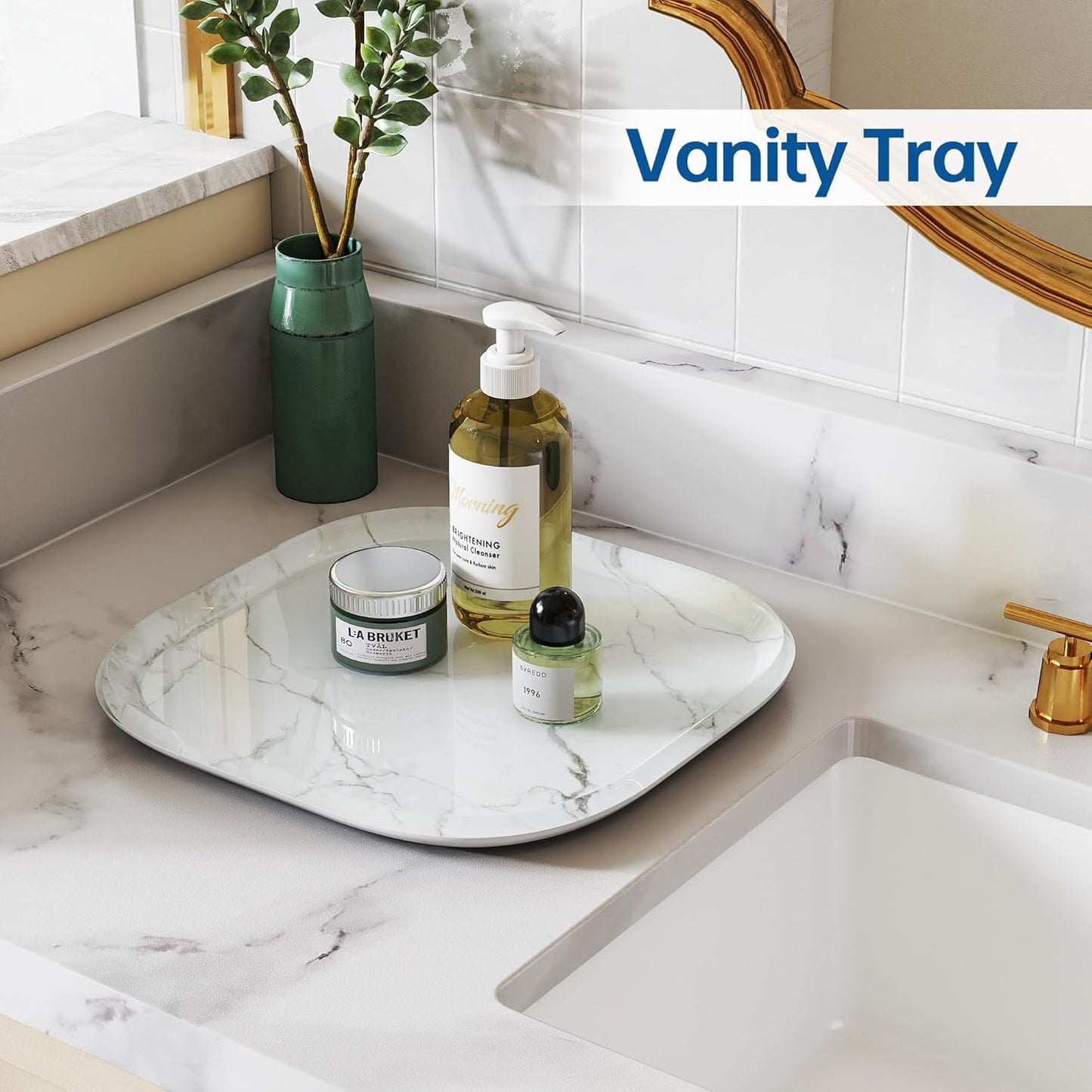 Vanity Decorative Glass Tray,12" x 12" White Marble Pattern Perfume Tray, Bathroom Tray Countertop Organizer for Soap Towel, Jewelry, Candle