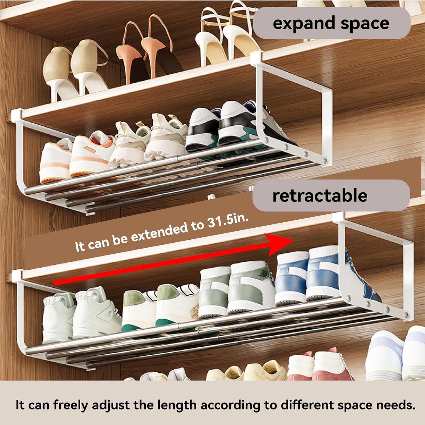 Expandable Shoe Rack Organizer - Adjustable Shoe Rack & Under Cabinet Shelf - for Shoe or Clothing Storage and Organization, Under Shelf Storage (Stainless,2Pcs)