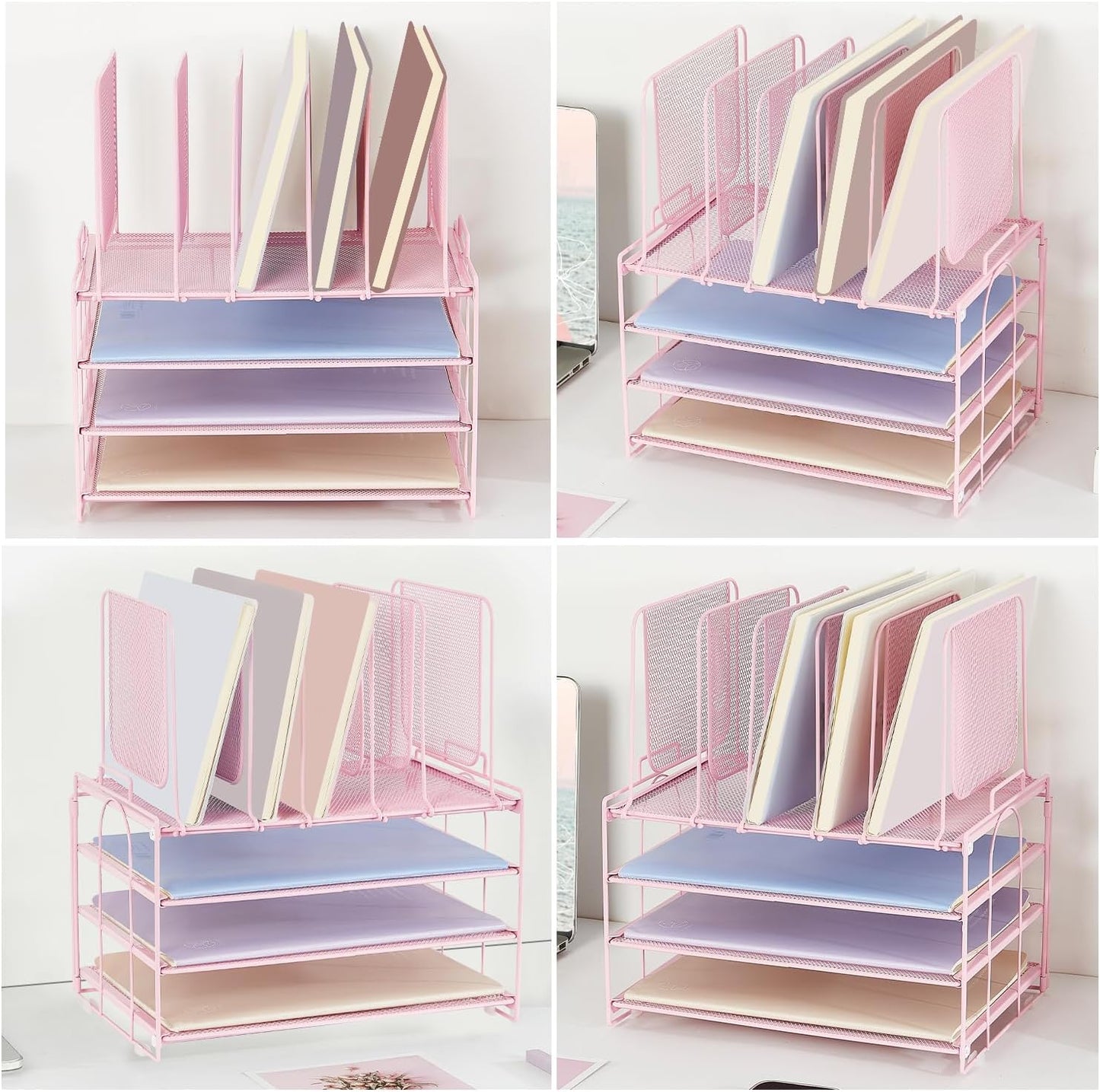 Desk Organizers and Accessories, 3-Tier Paper Organizer with 5 Vertical File Holders, File Organizer for Desk (Pink, 3T)