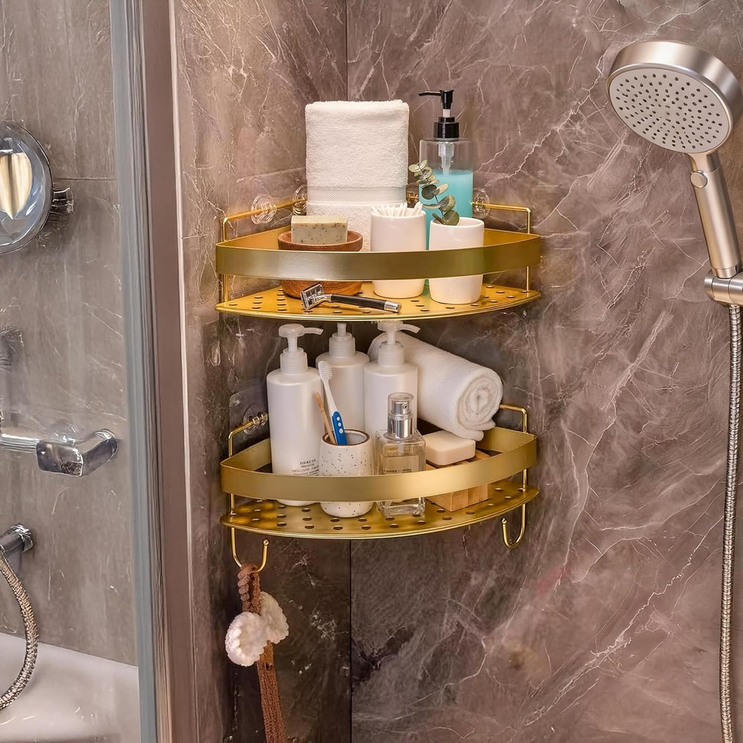 Corner Shower Shelves, 2-Tier Gold Shower Candy with 4 Hooks, Stainless Steel Bathroom Shower Organizers, Wall Mounted Caddy Shelves No Drilling with Adhesive, Triangle Storage Shelf for Toilet