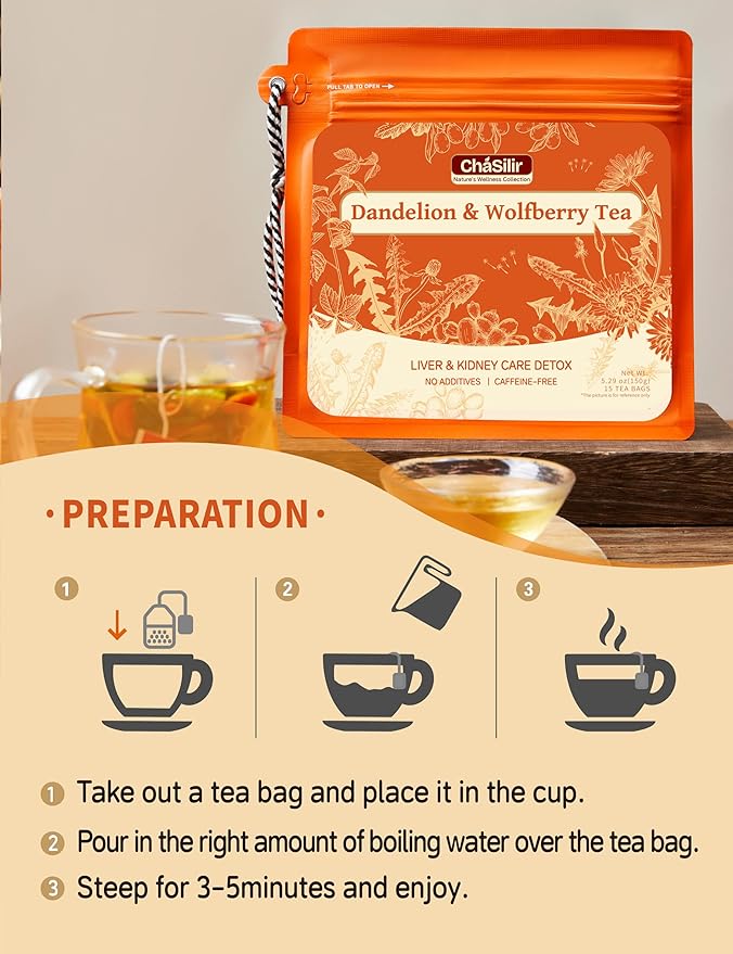 Organic Dandelion Root & Wolfberry Detox Tea Bags - Liver & Kidney Health Support, 15 Compostable Corn Fiber Bags (Caffeine-Free, Plastic-Free, Cleanse & Repair Formula)