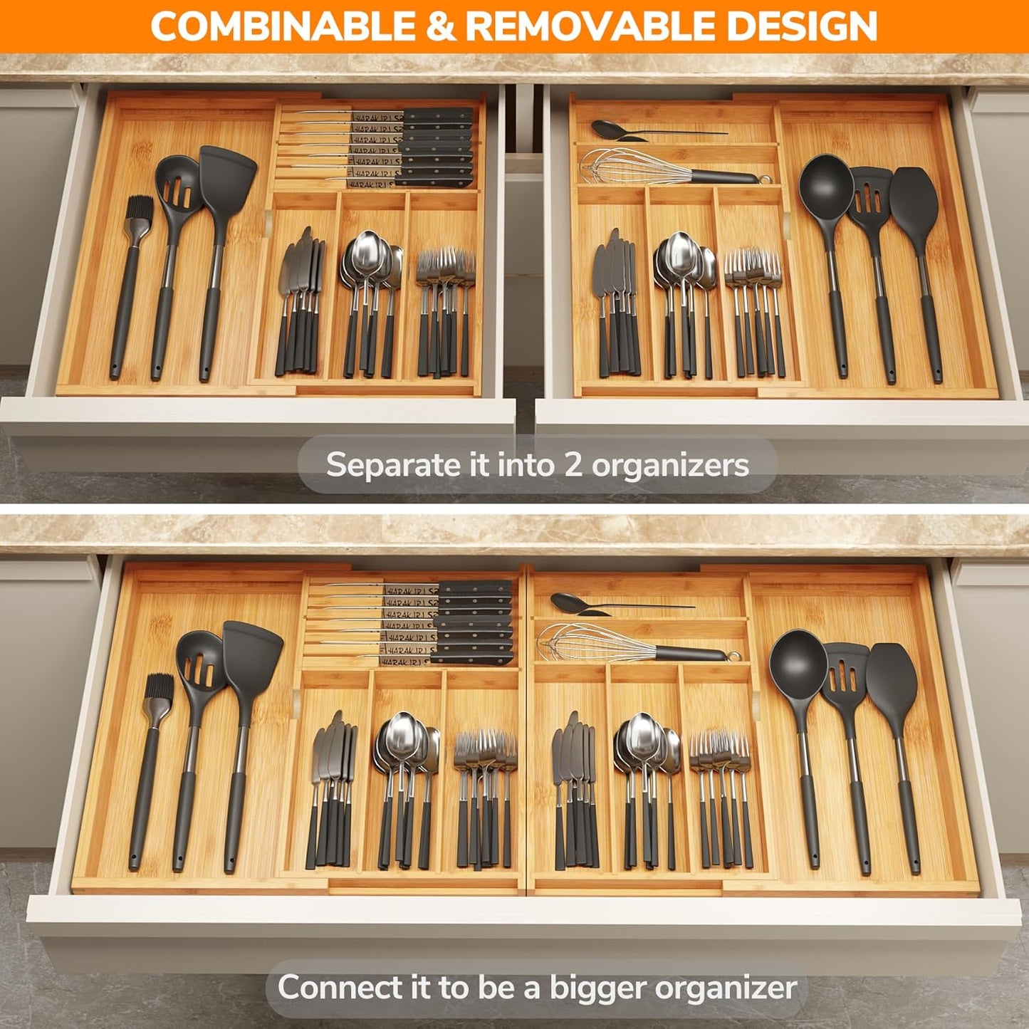 BAMEOS Expandable Silverware Drawer Organizer with Removable Knife Blocks, Bamboo Kitchen Utensil Holder from 21" to 36", Large Cutlery Tray with Divider for Forks, Spoons, Knives