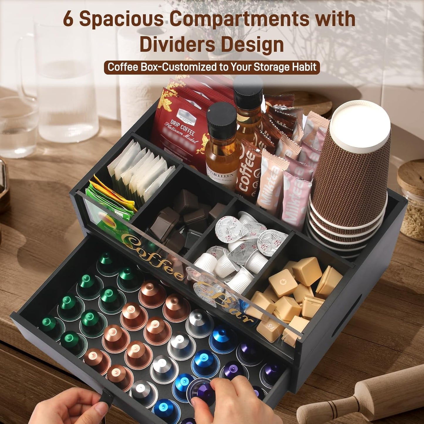 2-Tier Coffee Bar Organizer with Clear Acrylic Top, Built-in Drawer and Leather Handle Pull for Countertop, Stylish Coffee Station Storage Box for Accessories, Pods, Great Gifts for Home