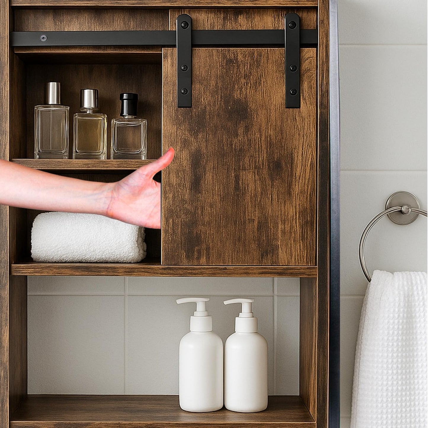 Over The Toilet Storage Cabinet, Behind Toilet Bathroom Organizer with Adjustable Shelves, Above Toilet Organizers with Barn Door, Space Saver for Restroom, Bathroom, Laundry, Rustic