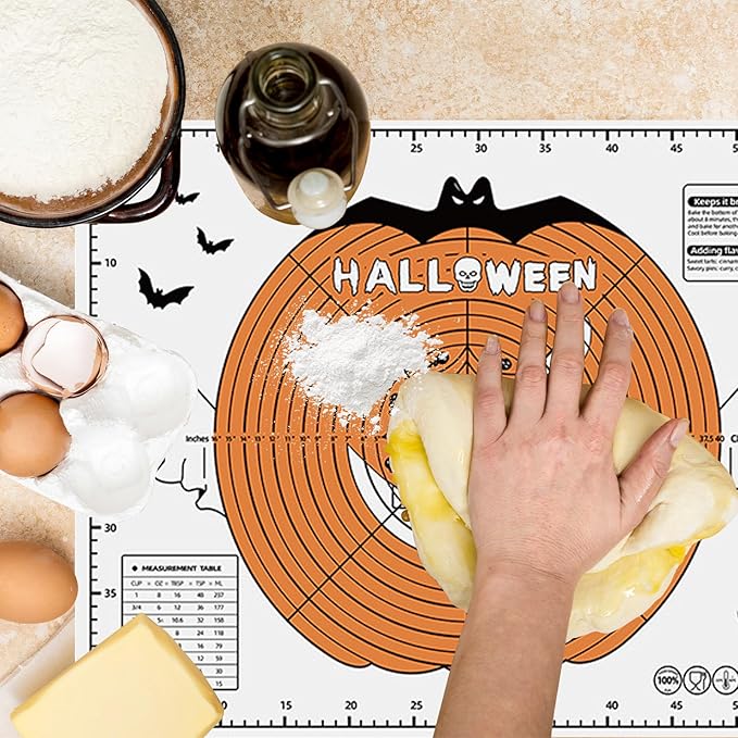 Halloween Silicone Baking Mat Set - 24"X18" Dough Mat With Measurements And 3 Dough Scrapers, Non-Stick Reusable Pastry Mat For Rolling, Kneading, Cookie Bread Pizza Making