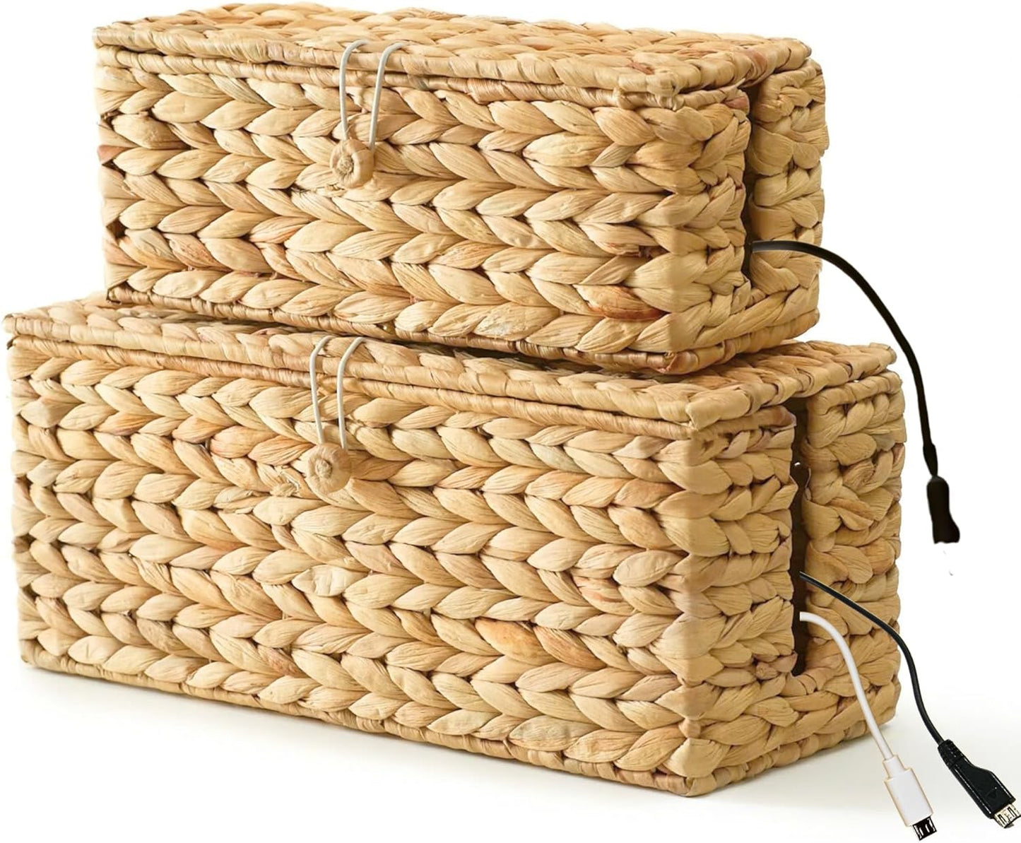 2-Pack Wicker Cable Management Box, Handmade Water Hyacinth Cable Organizer with Lid, Cord Hider Basket with 2 Slots for TV Wires, Power Strips, Surge Protector