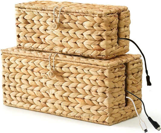 2-Pack Wicker Cable Management Box, Handmade Water Hyacinth Cable Organizer with Lid, Cord Hider Basket with 2 Slots for TV Wires, Power Strips, Surge Protector