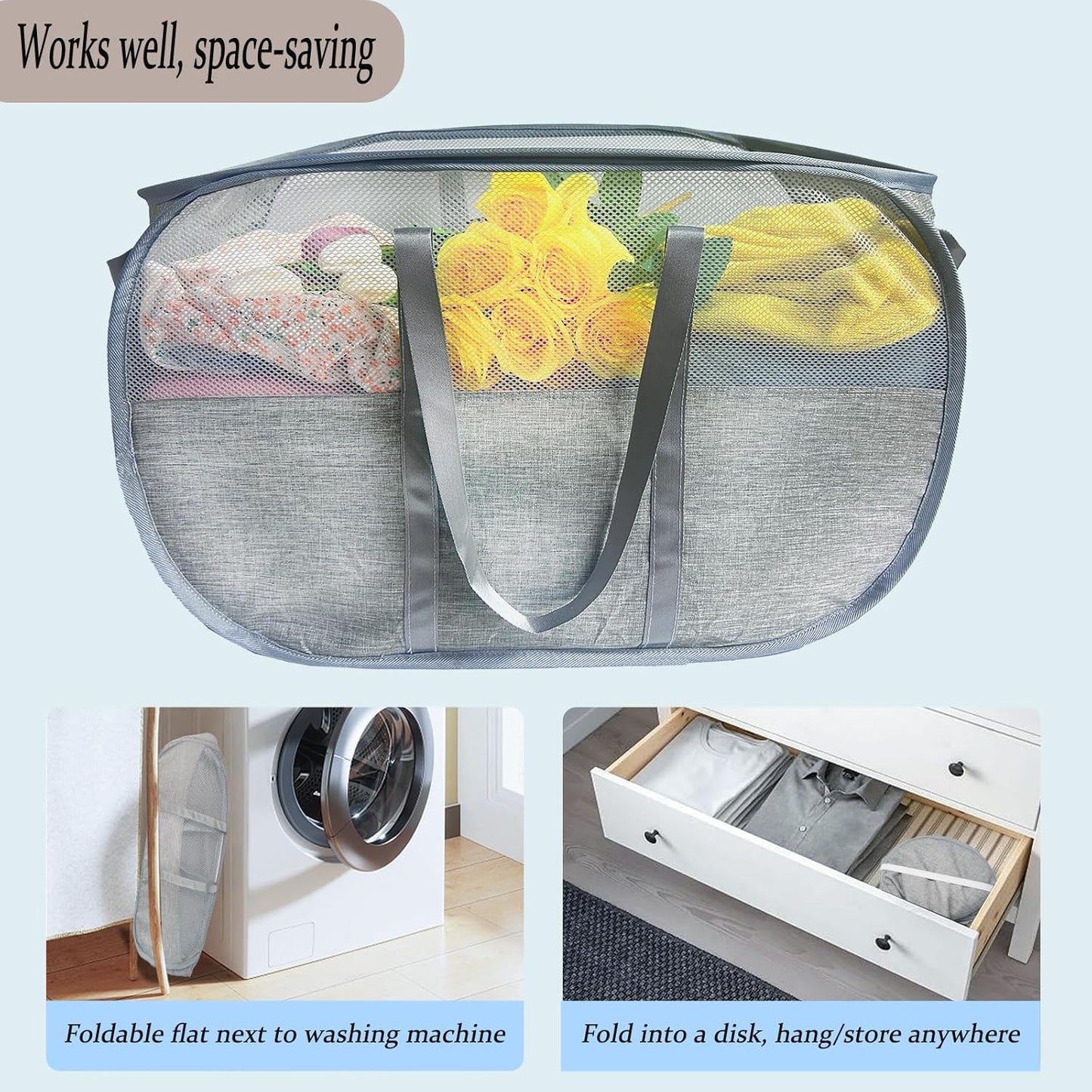 100L Collapsible Laundry Baskets 2 Pack, Extra Large Mesh Pop Up Laundry Hamper, Dirty Clothes Hamper with Reinforced Handles, Folding Hampers for Travel. Dorm or Home Portable Laundry Baskets. Grey