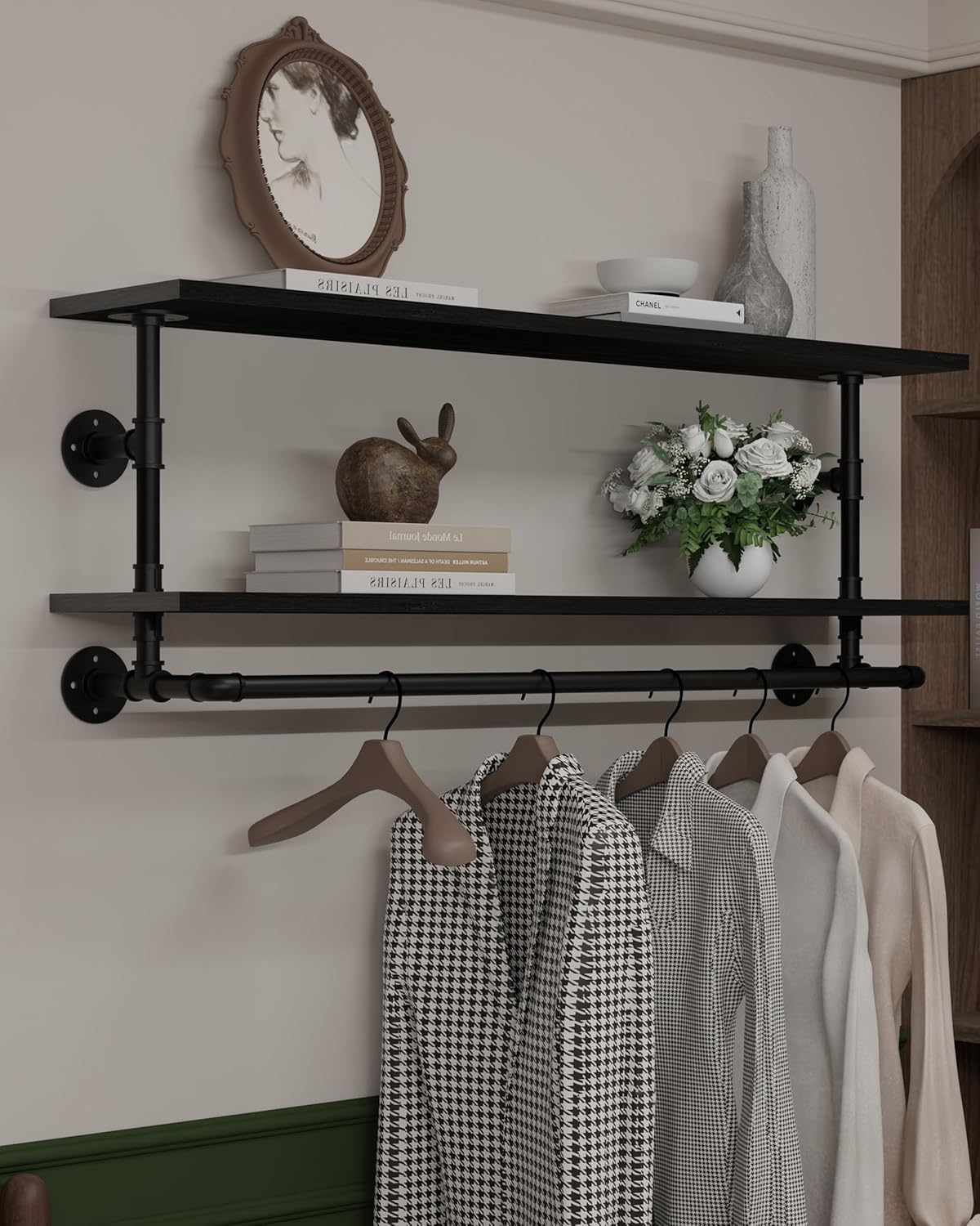 Black Clothes Rack 48in, 2-Tier Wall Mounted Garment Rack with Real Wood Shelf, Heavy Duty Hanging Clothes Rack, Multi-Purpose Hanging Rod, Space-Saving Closet Storage
