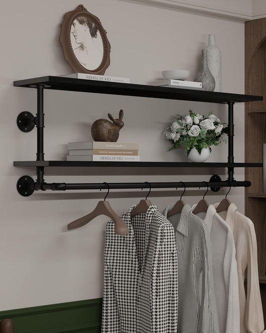 Black Clothes Rack 48in, 2-Tier Wall Mounted Garment Rack with Real Wood Shelf, Heavy Duty Hanging Clothes Rack, Multi-Purpose Hanging Rod, Space-Saving Closet Storage