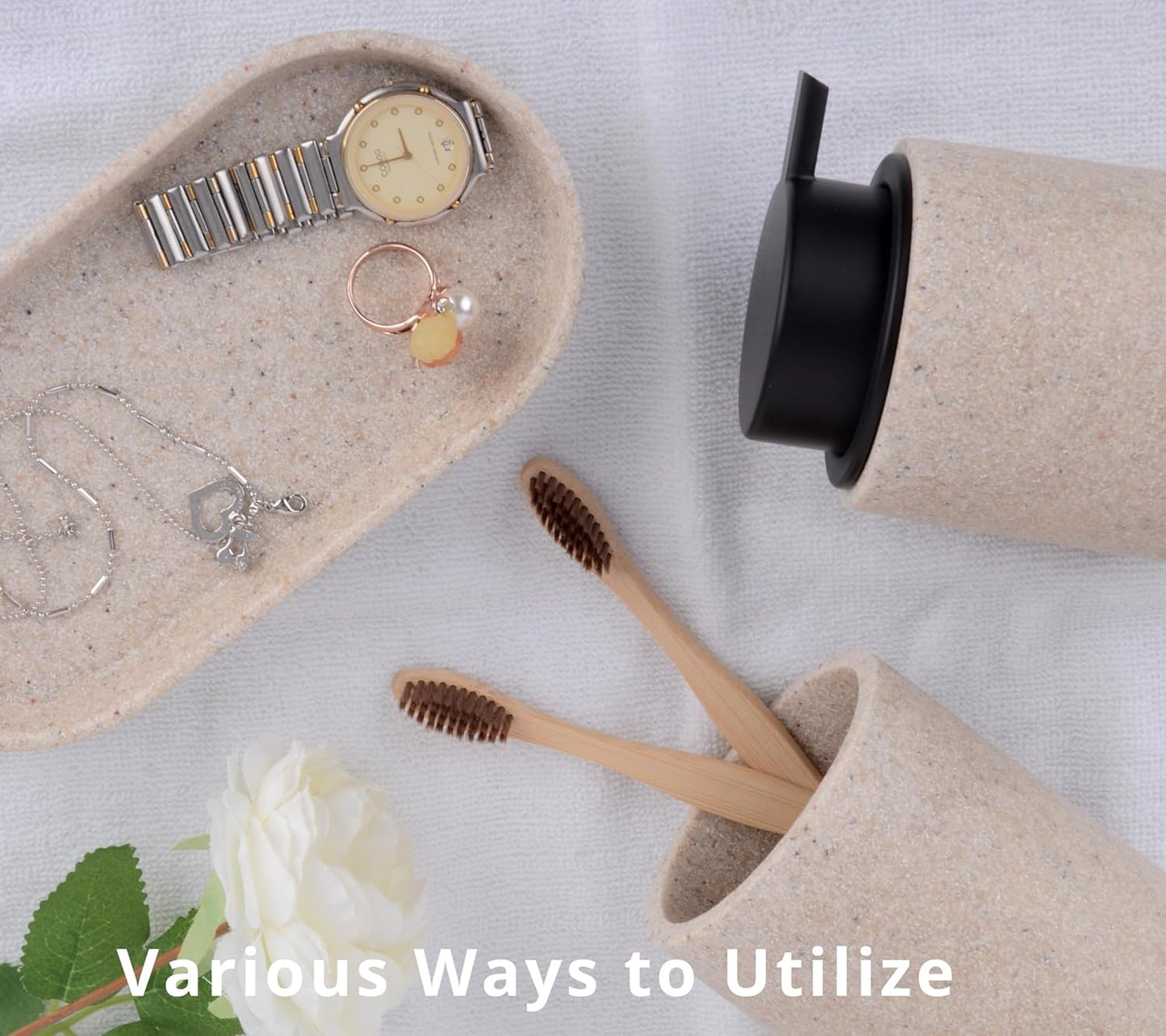 Beige Bathroom Accessories Set, 3 Pcs Resin Bathroom Accessories Complete Set, Sandstone Look Soap Dispenser with Large Pump, Toothbrush Cup, Soap Dish for Modern Home Decor and Kitchen