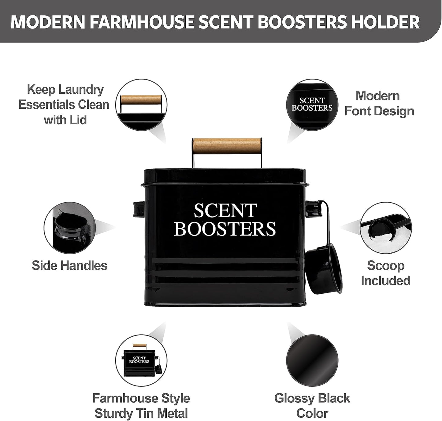 Calindiana Modern Farmhouse Metal Laundry Scent Booster Beads Dispenser Container with Scoop for Laundry Room Decor and Accessories and Space Saving Laundry Room Organization and Storage, Black