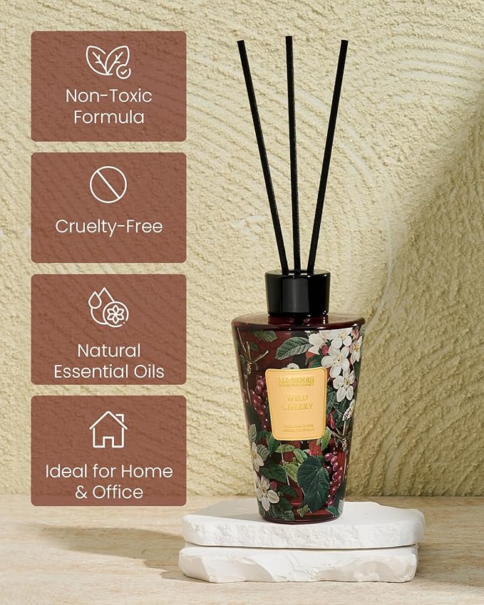 M&SENSE Wild Cherry Reed Diffuser Set - 8.79fl oz Home Fragrance Non-Toxic Natural Bathroom Diffuser with Sticks, Air Freshner Gifts for Bathroom Bedroom Home Decor