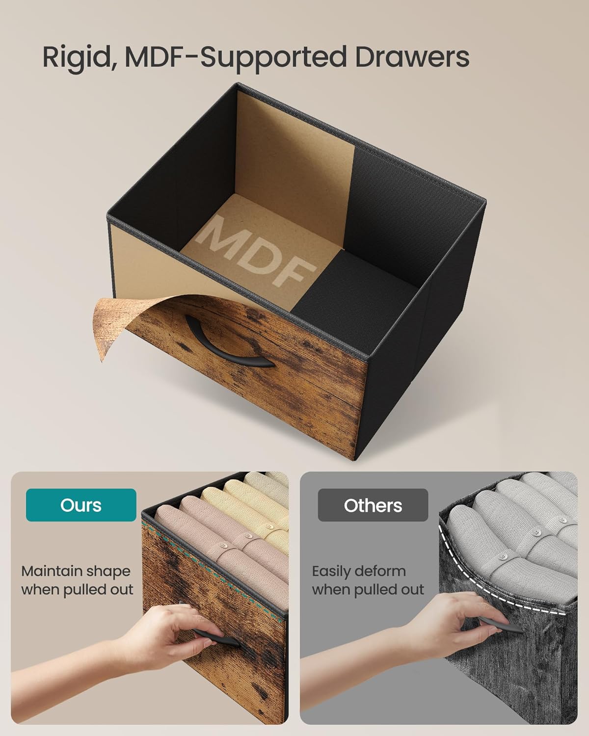 SONGMICS Dresser for Bedroom, Chest of Drawers, Nightstand, Steel, MDF, 2 Non-Woven Fabric Drawers, Storage Organizer Unit, Closet, Entryway, Rustic Brown and Ink Black ULGS312B02S