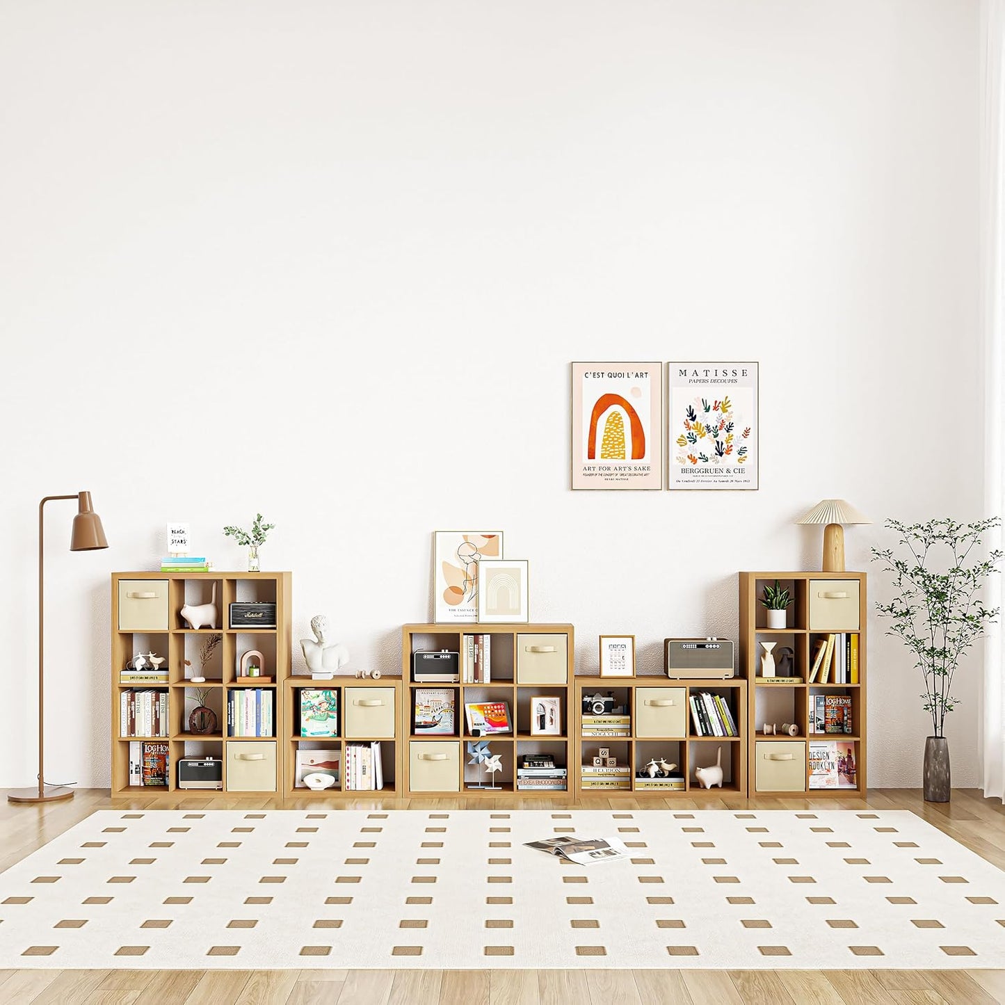 furtble Bookshelf with Storage Bin, 4-Cube Storage Organizer, Modern Wood Open Bookcase, Multifunctional Display Shelf for Living Room, Bedroom, Home Office, Oak