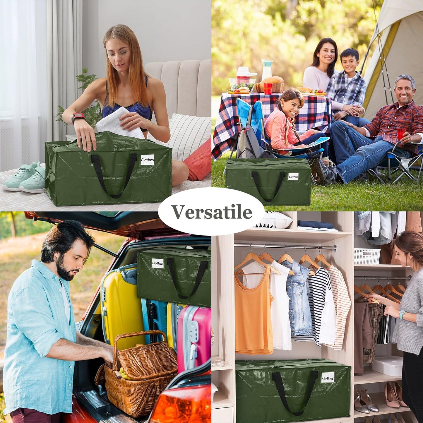 4 Pcs 24 Gallon Large Moving Bags with Zipper and Handles Foldable Storage Duffle Bags Heavy Duty Extra Large Totes for College Dorm Travel Clothes Blankets Bedding Moving (Green)