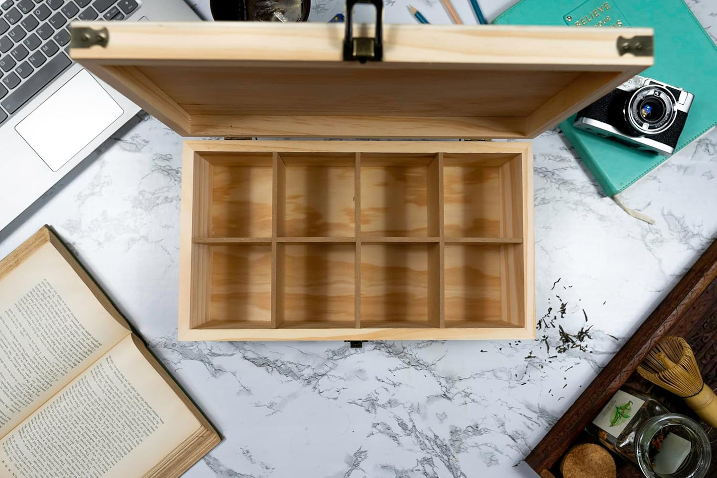 Large Wooden Tea Organizer Box, Big 14" Pine Storage Chest | 8-Slot Tall, Adjustable Shelves | 100% Handmade Craft Eco-Friendly Natural Décor