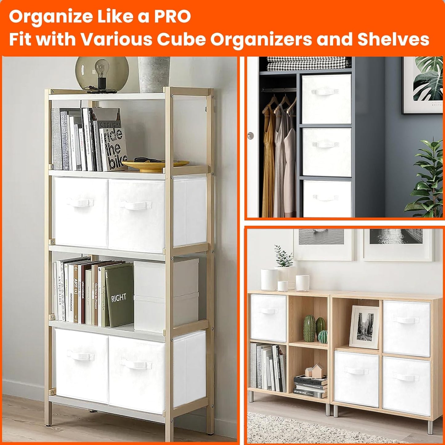 Criusia Storage Cubes, 11 Inch Cube Storage Bins for Shelves Closet Nursery Bedroom - 10 Pack Collapsible Baskets with Handles - Fabric Bins for Organizing Clothes Blanket Toys (White)