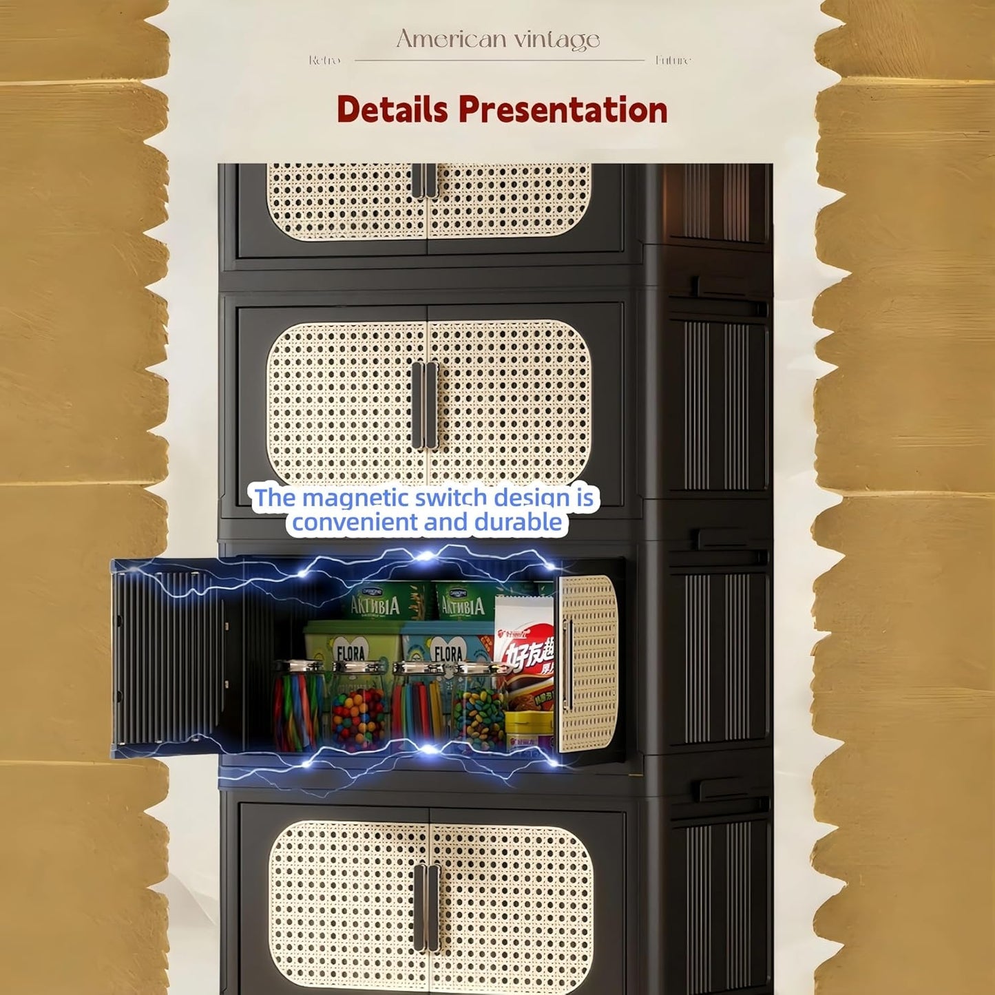 Holaki 195 QT Storage Bins with Lid, 5 Tiers Collapsible Plastic Storage Bins Storage Cabinet Box with Wheels and Magnetic Door for Home Closet Organizers(Retro Black)