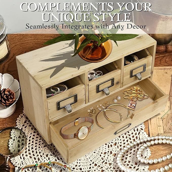 Flexzion Apothecary Cabinet with 4 Drawers - Vintage Natural Wood Desktop Organizer for Home & Office Supplies - Tabletop Wooden Storage for Catalog, Card, Jewelry, Makeup, Craft & Tools