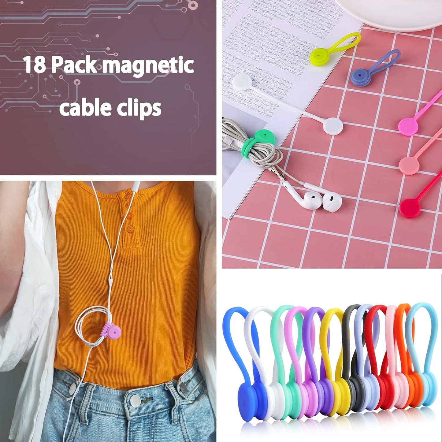 Motiloo 18 Pack Reusable Silicone Magnetic Cable Ties Strong Magnetic Cord Ties for Management Cable Cords Bundling and Organizing,Book Markers,Fridge Magnets USB Cable Manager