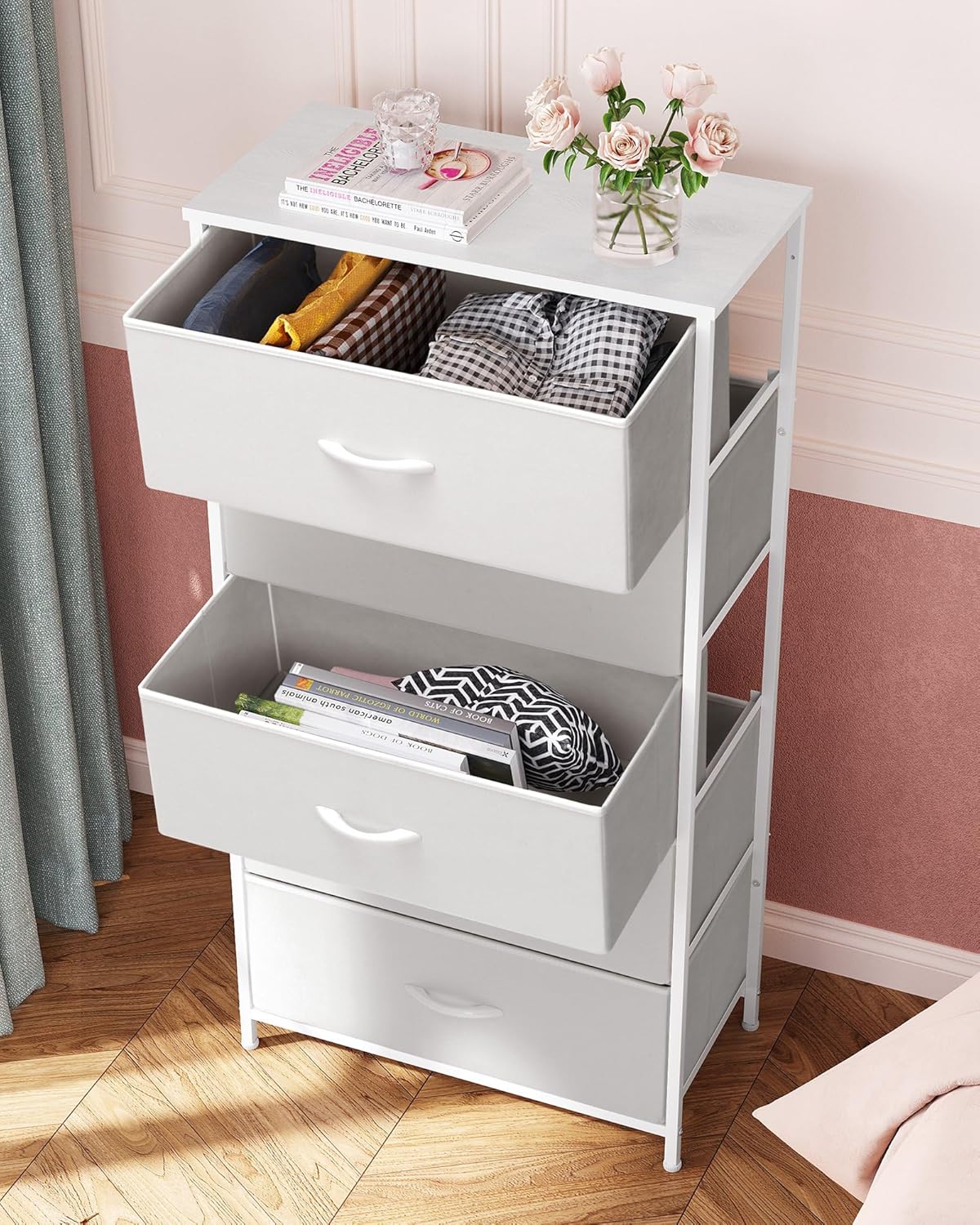 Crestlive Products Tall Dresser for Bedroom Vertical Storage Tower - Wide Fabric Dresser & Chests of Drawers for Closet, Hallway, Entryway w/Wood Top, Easy Pull Fabric Bins - 5 Drawers(White)