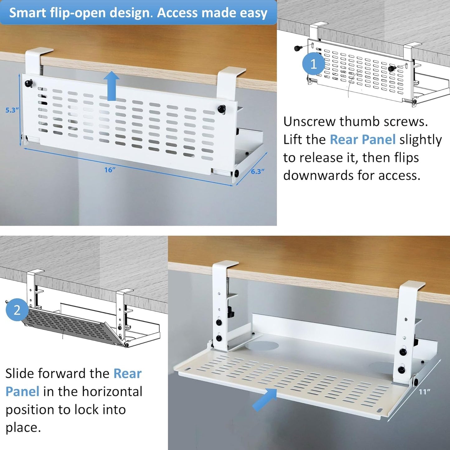 AEONS Universal Under Desk Cable Management Tray-Clamp Mount Hinged Swing Modesty Panel Organizer for Office Desks Easy Access Flip-Down position Power Strip Cord Storage No-Drill 25 lb Capacity White