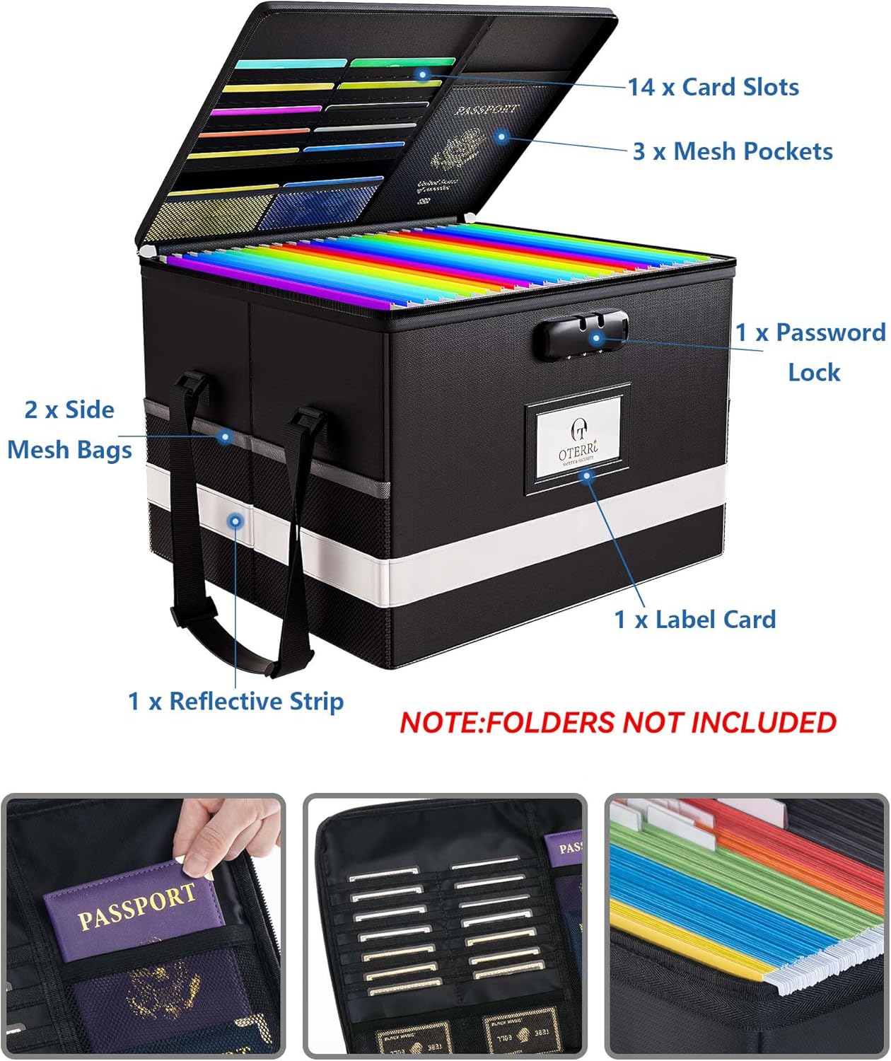 Oterri Large 2 Pack Fireproof Document Box With Lock, Portable File Safe Box Fireproof Waterproof For Hanging Letter&Legal Folders, Office Storage for Important Documents (Black)