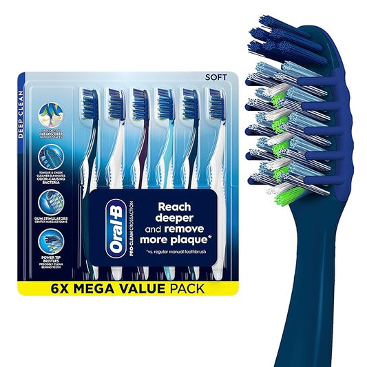 Oral-B Pro Health CrossAction Plaque Removal toothbrushes, 6 Count Toothbrush Soft, Deep Reach in Tight Spaces, Tongue Scraper Tooth Brush, Plaque Fighter, Gentle on Teeth, Gum stimulators