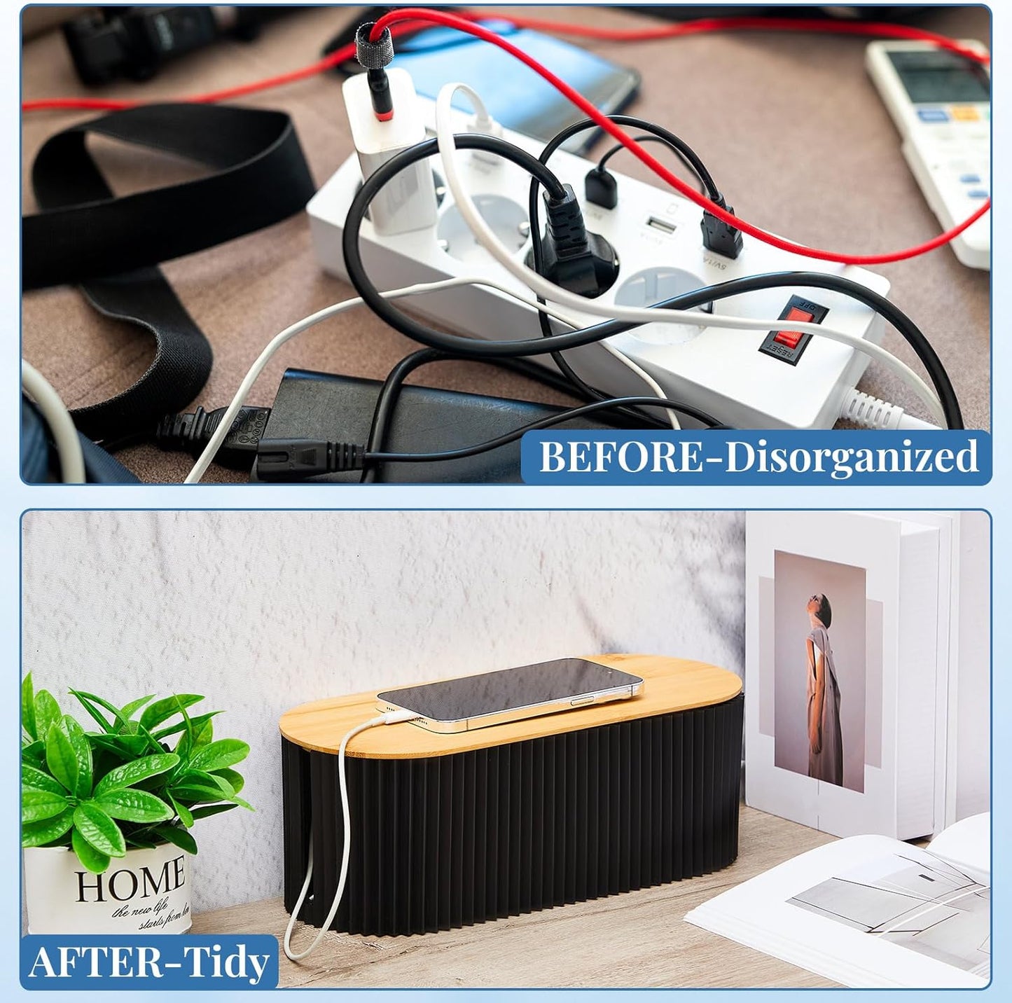 Marsui 2 Pcs Cable Management Box Cord Hider Box Cord Organizer with 46 Pcs Cable Management Kit Wire Box for Power Strips Surge Protectors Desk TV Computer Wires Home Office（Black）