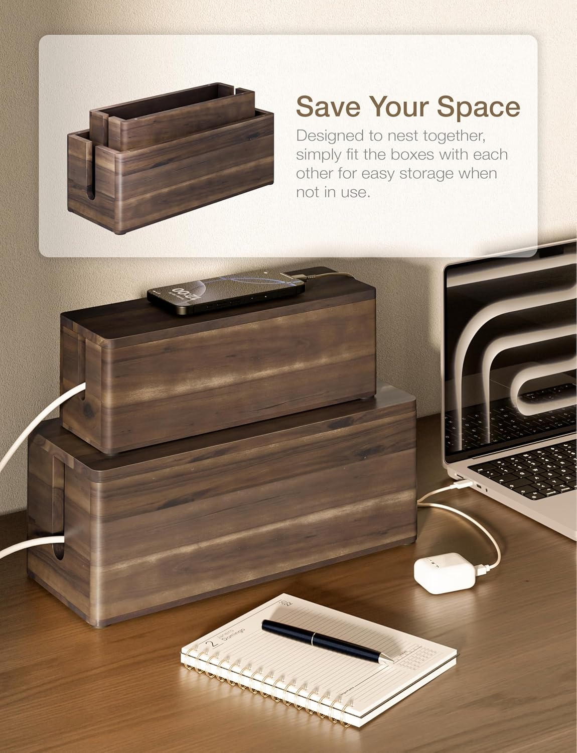 Acacia Large Cable Management Box - Set of 2 Cord Box Hider for Office - Cable Hider Box, Surge Protector Box for TV Wires, Desk - Power Strip Box with 2 Open Slots, Magnetic Lid (Walnut color)
