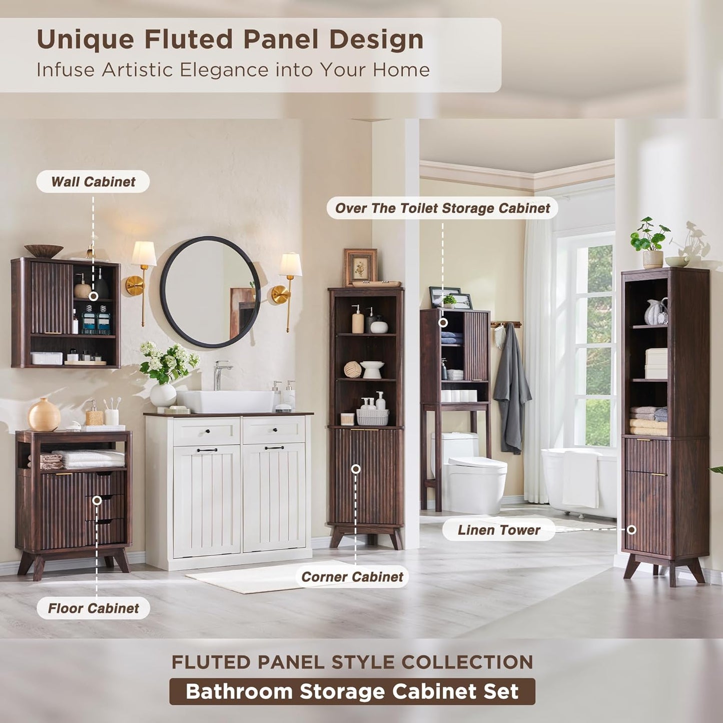 RedLemon Bathroom Wall Cabinet w/Fluted Sliding Door, Modern Medicine Cabinet with Adjustable Shelf, Curved Profile Wall Mounted Storage Organizer, Walnut