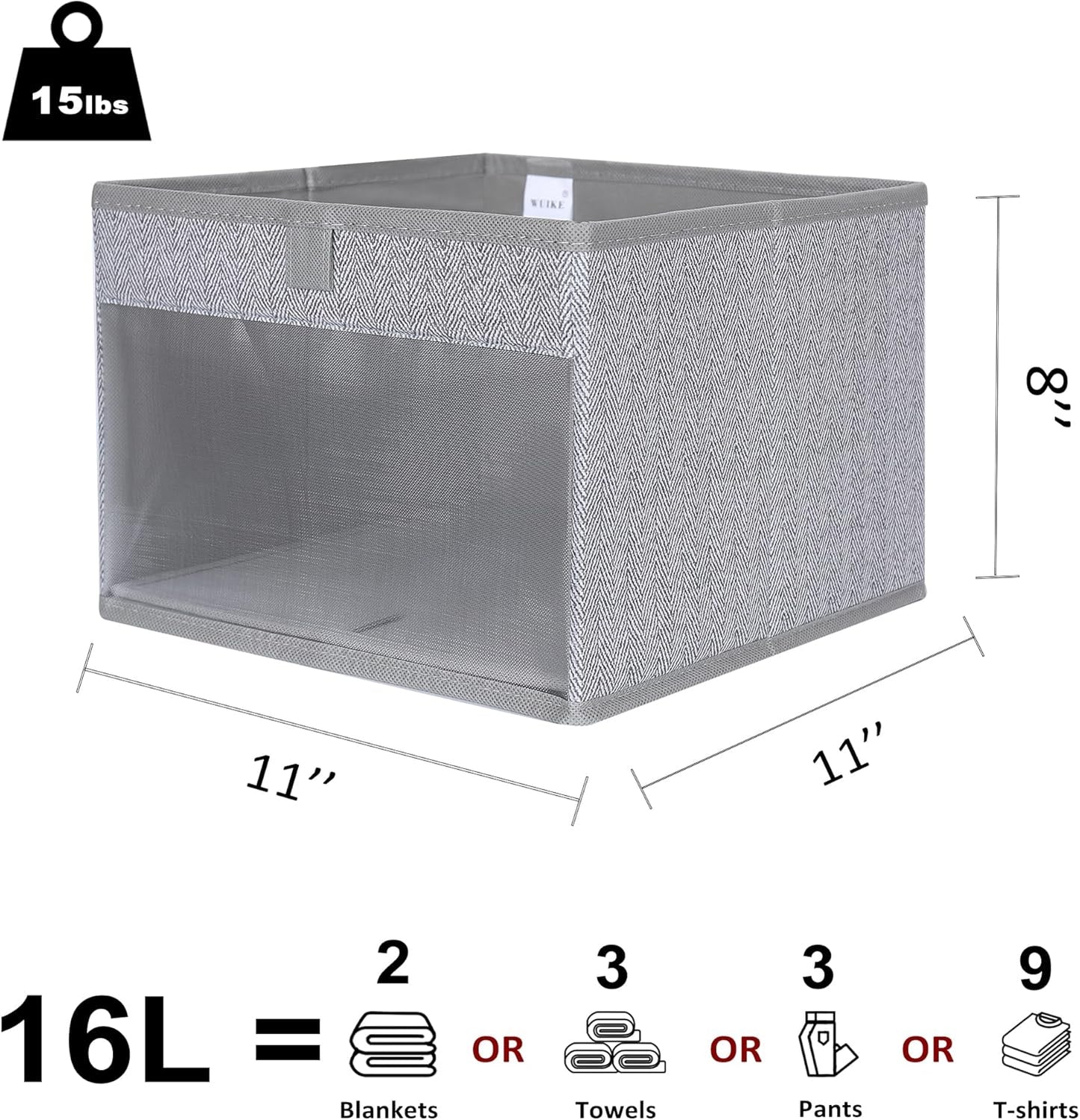WUIKE Closet Storage Bins, Medium Storage Boxes with Clear Window, Fabric Storage Baskets for Organizing Clothes, Sheets, Blankets, Decorative Storage Bins, Herringbone Gray