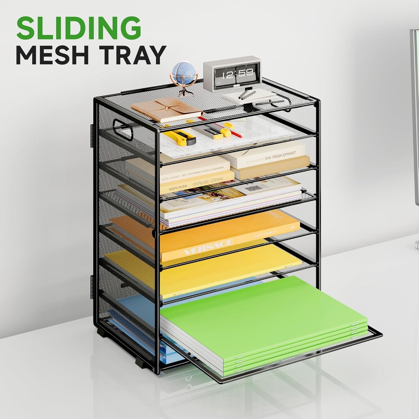 2 Pack 8 Tier Paper Organizer with Handle, Metal Mesh Desk File Organizer, Large Capacity Desk Organizers Paper Letter Tray Desktop Document Sorter for Office, Home or School - Black