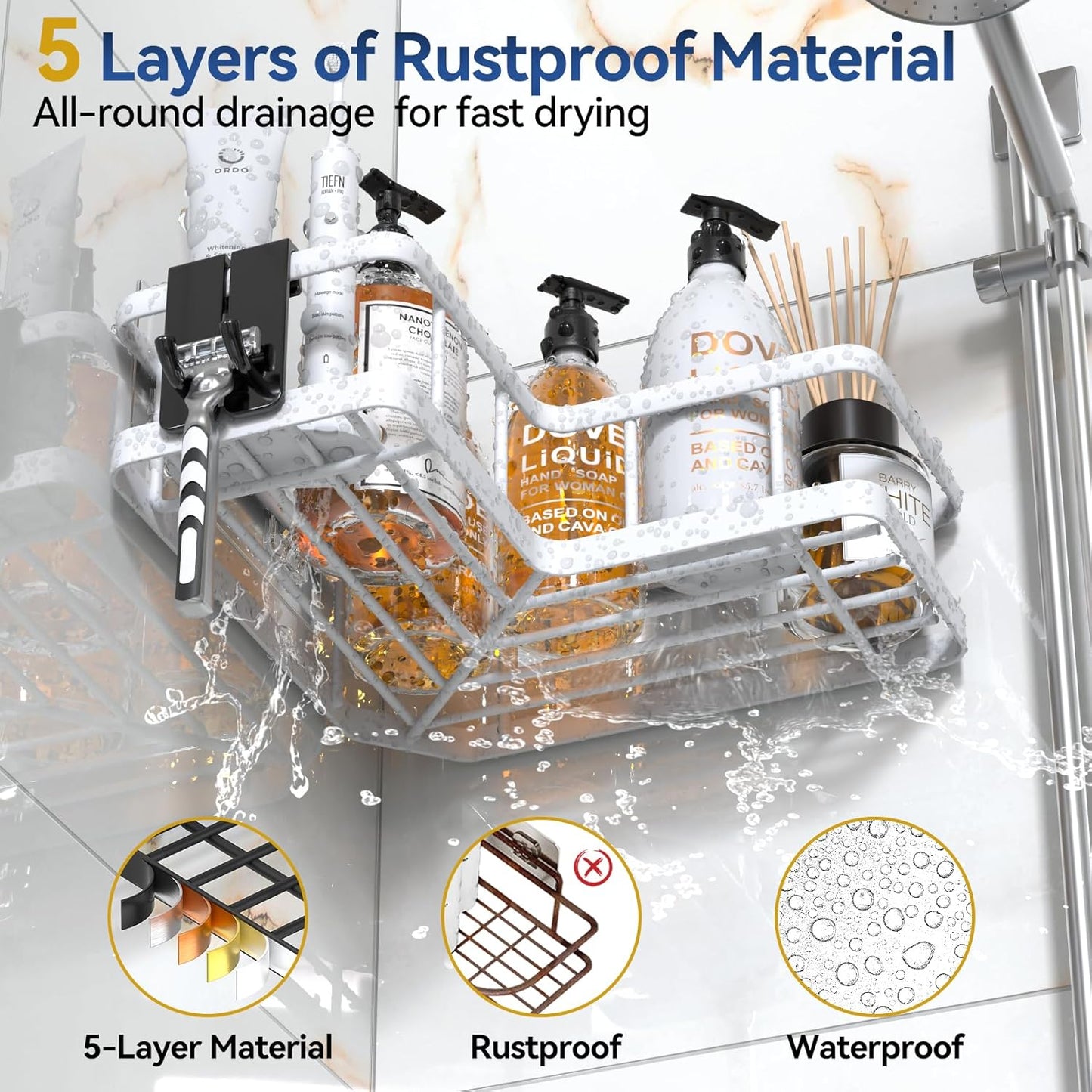 YASONIC Shower Caddy Corner, 3-Pack Adhesive Rustproof Stainless Steel Shower Shelves with Soap Holder, No Drilling Shower Organizer Corner for Dorm, Renters Bathroom, White