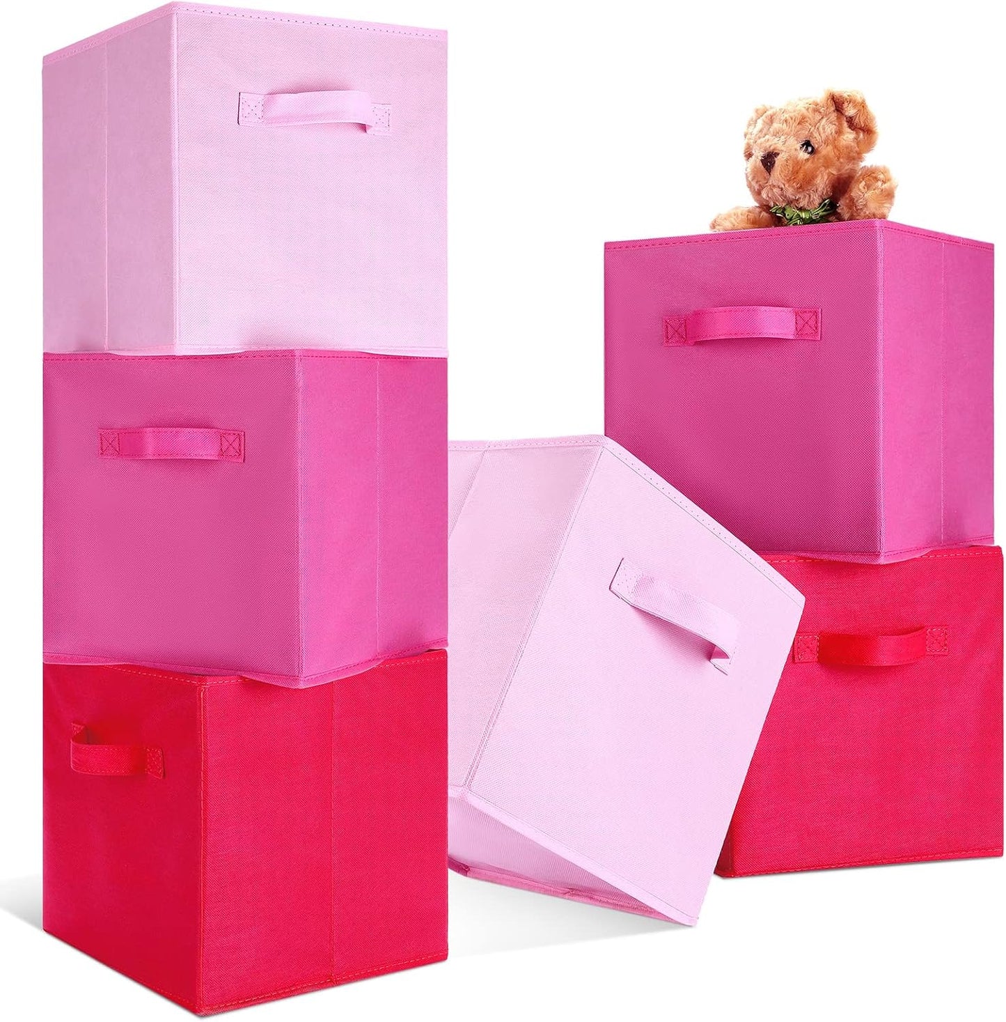 Karenhi 11" x 10. 5" x 10. 5" Pink Storage Cube, 6 Pack Fabric Cube Storage Bins Organizer Box, Collapsible Baskets with Handles Foldable Shelf for Cloth Toys Home Room Closet, Pack of 6